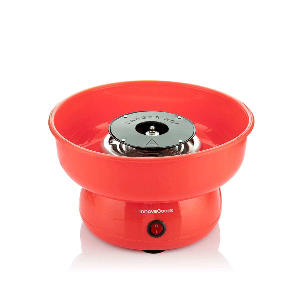 A clean shot of the Candy Floss Machine Cantty InnovaGoods, displaying the red bowl and black heating element with clear visibility of the 'InnovaGoods' branding.