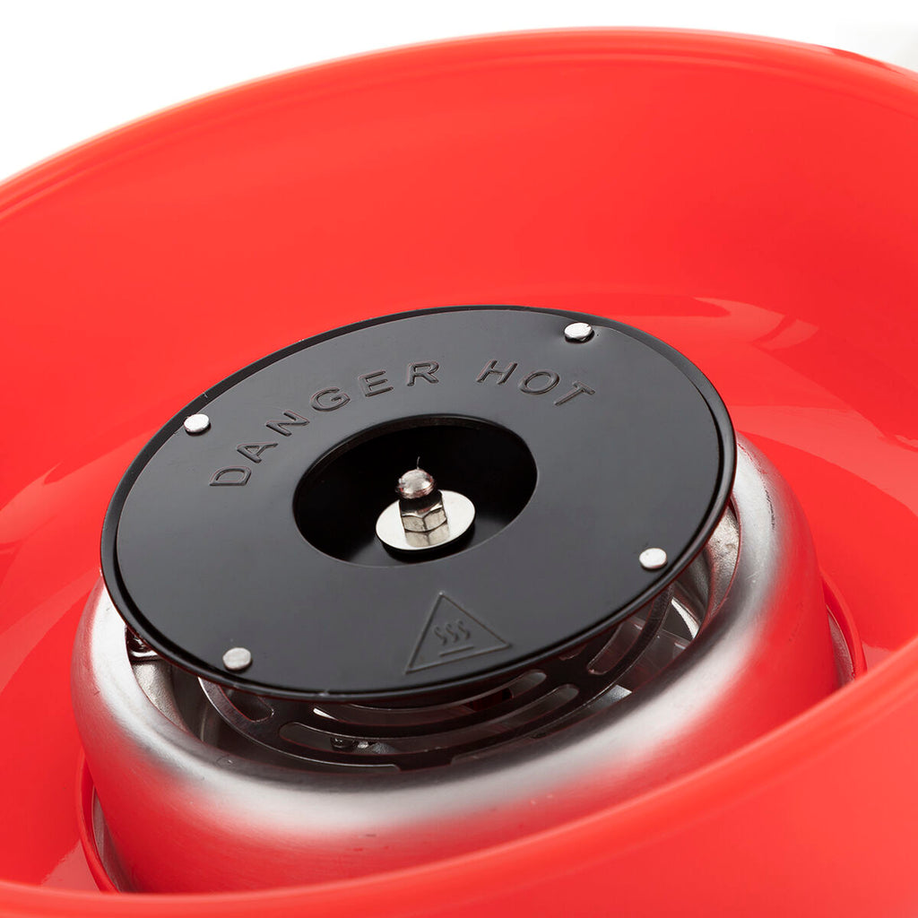 Close-up detail of the Candy Floss Machine's heating element with 'Danger Hot' indicated on the surface.