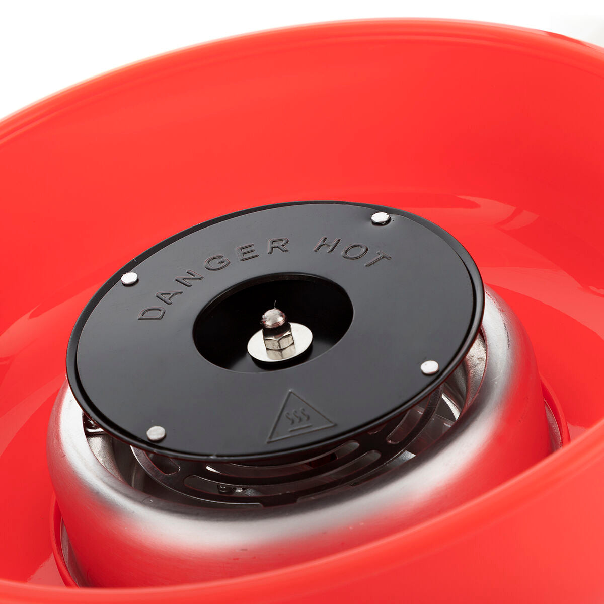 Close-up detail of the Candy Floss Machine's heating element with 'Danger Hot' indicated on the surface.