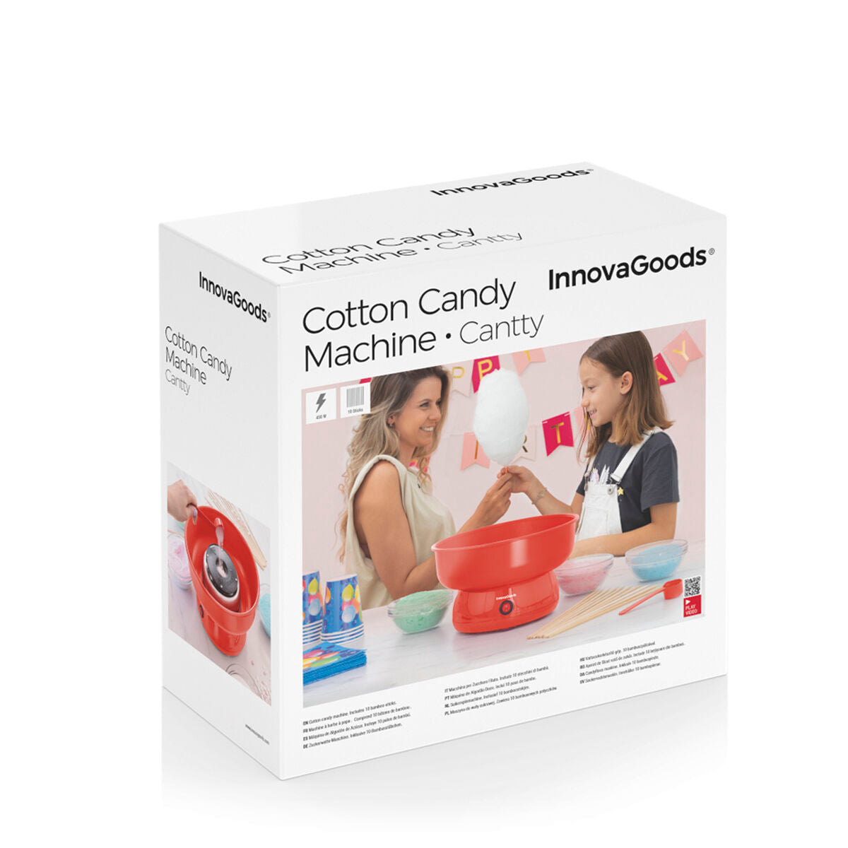 The packaging of the Candy Floss Machine Cantty InnovaGoods. The box is predominantly white with images of the product and family in a festive setting on the front. Branding and product name are clearly displayed.
