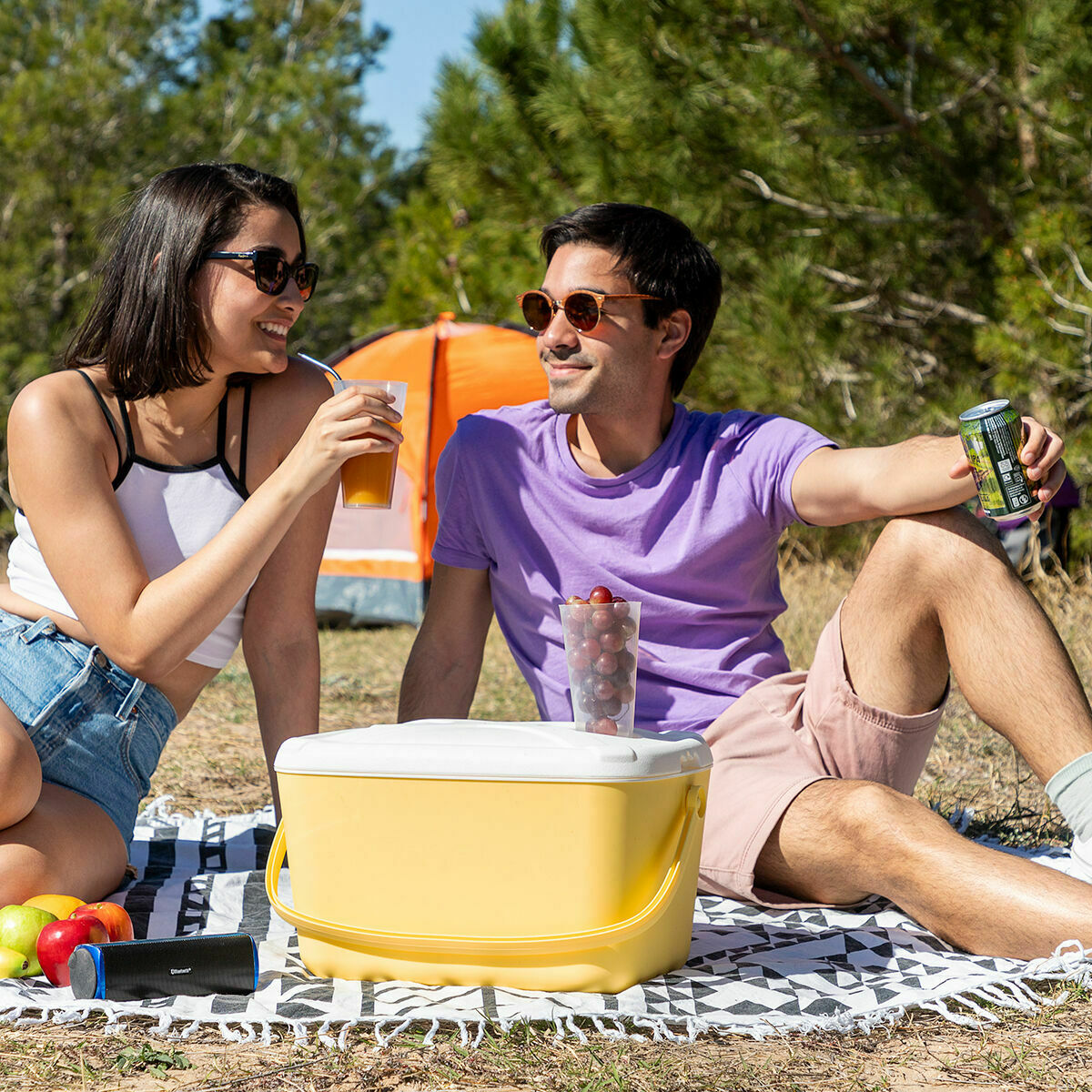Two individuals enjoying a picnic with the cooler, suggesting leisure and convenience use.