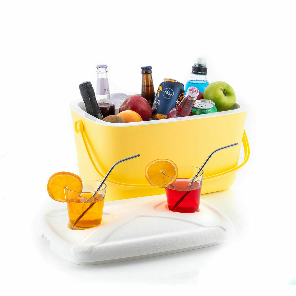 Cooler filled with bottles and fruit, placed on a white lid with two drinks, illustrating its capacity.
