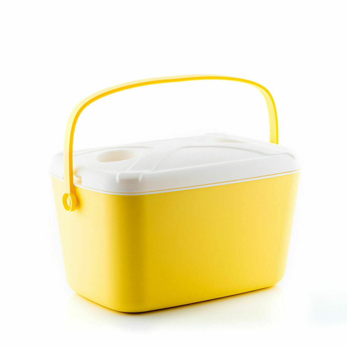 Yellow and white cooler with lid closed, emphasizing the handle and compact size.
