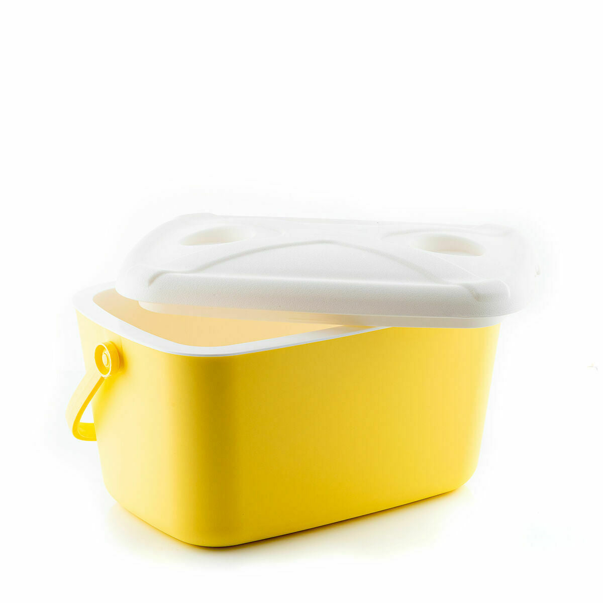 Yellow and white cooler with lid partially open, showcasing its design and build.