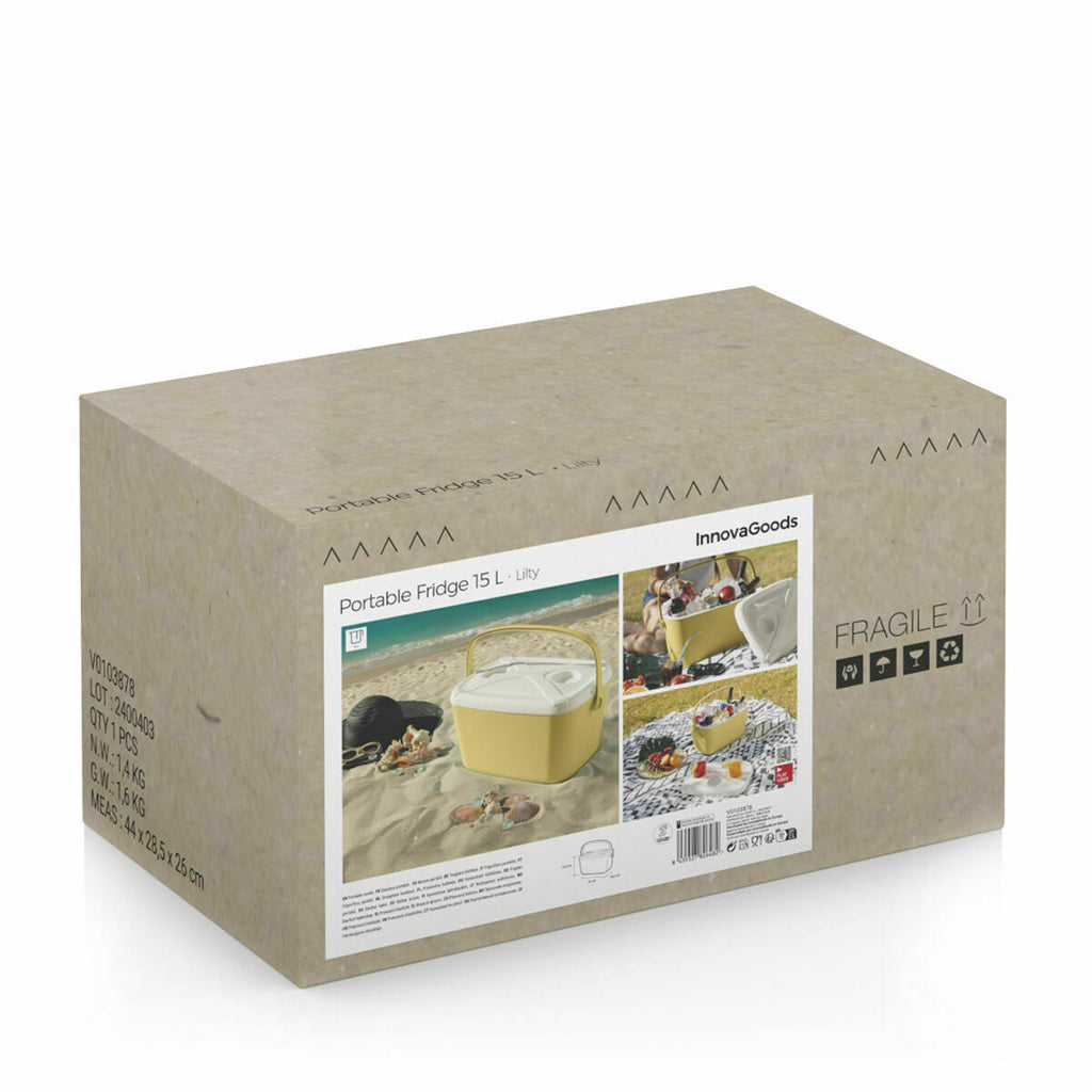 Packaging of the 'Nevera Portátil Rígida Lilty InnovaGoods 15 L', showing a cardboard box with images and product details.