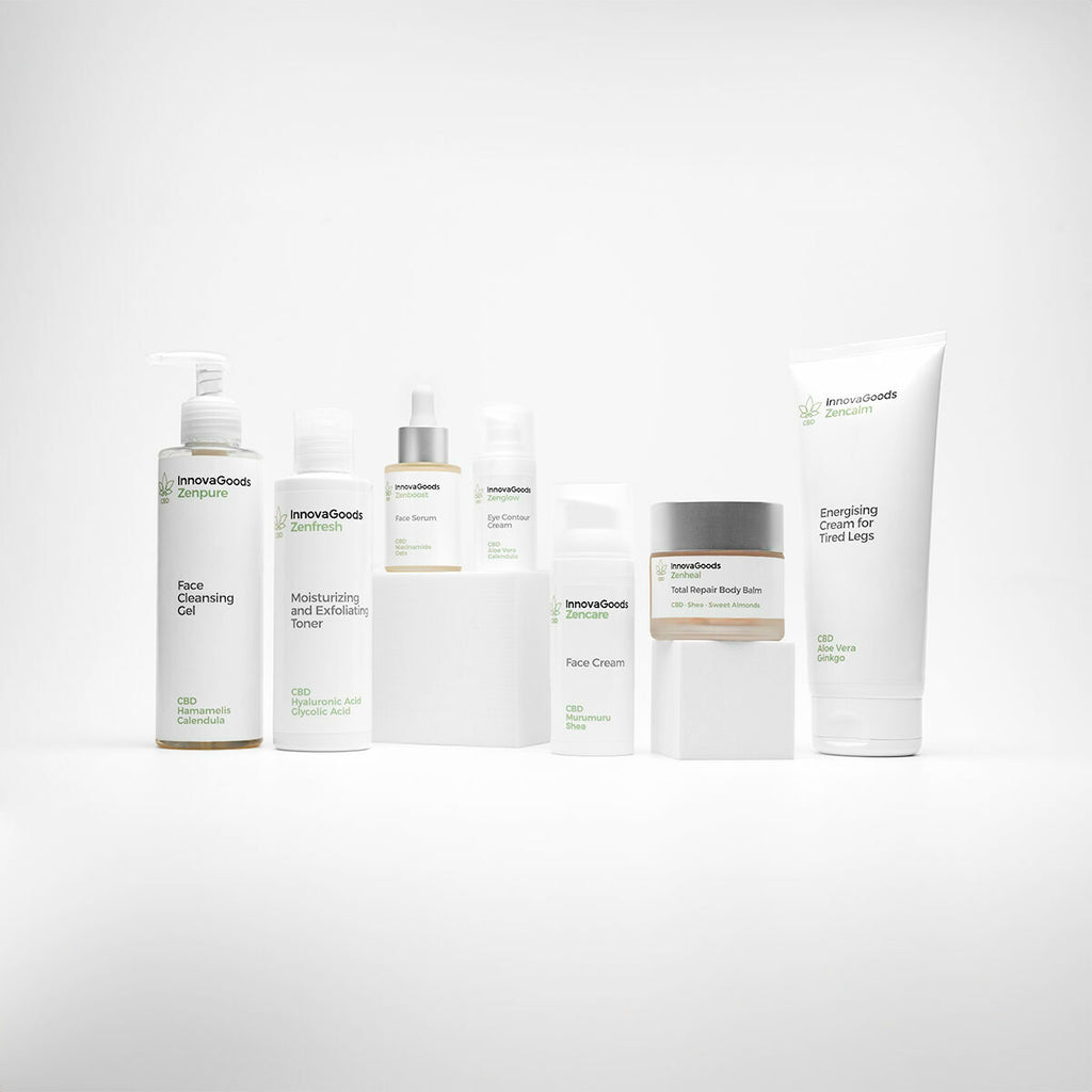 A collection shot displaying the balm alongside other InnovaGoods skincare products, all in varying packaging but with a cohesive, minimal design theme. The balm jar is prominently placed among taller bottles and tubes.