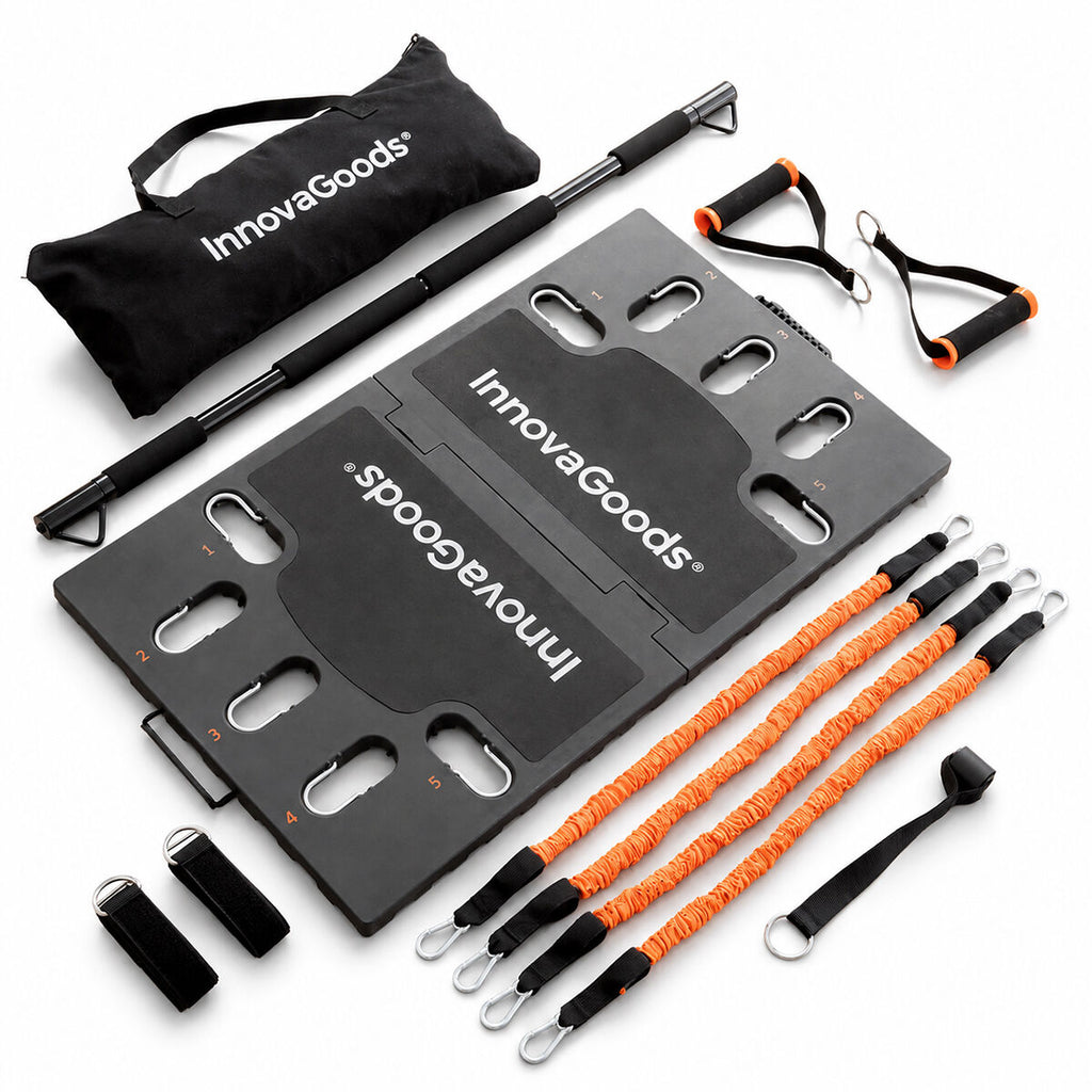 Close-up shot showcasing the individual components laid out. The black exercise board and orange elastic bands are visible, along with the branded storage bag.