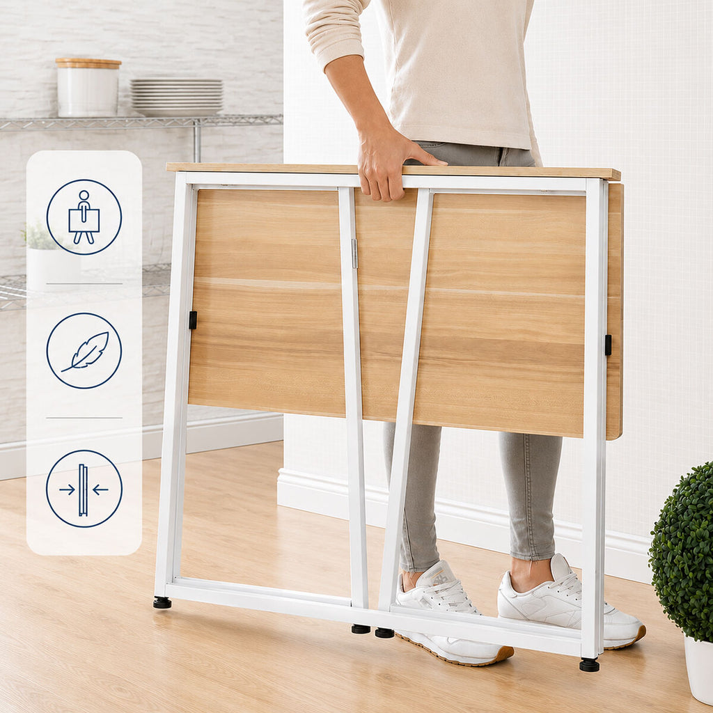 The desk in its folded position being carried by a person, emphasizing portability.