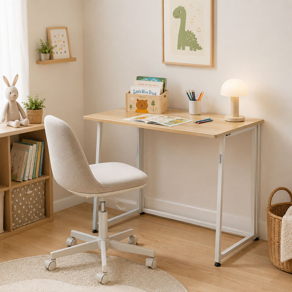 The desk is placed in a child’s room setting, accompanied by a swivel chair, a lamp, and children's books.