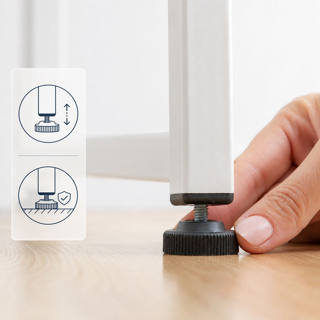 Close-up detail of the desk’s adjustable feet, with icons displaying adjustability.