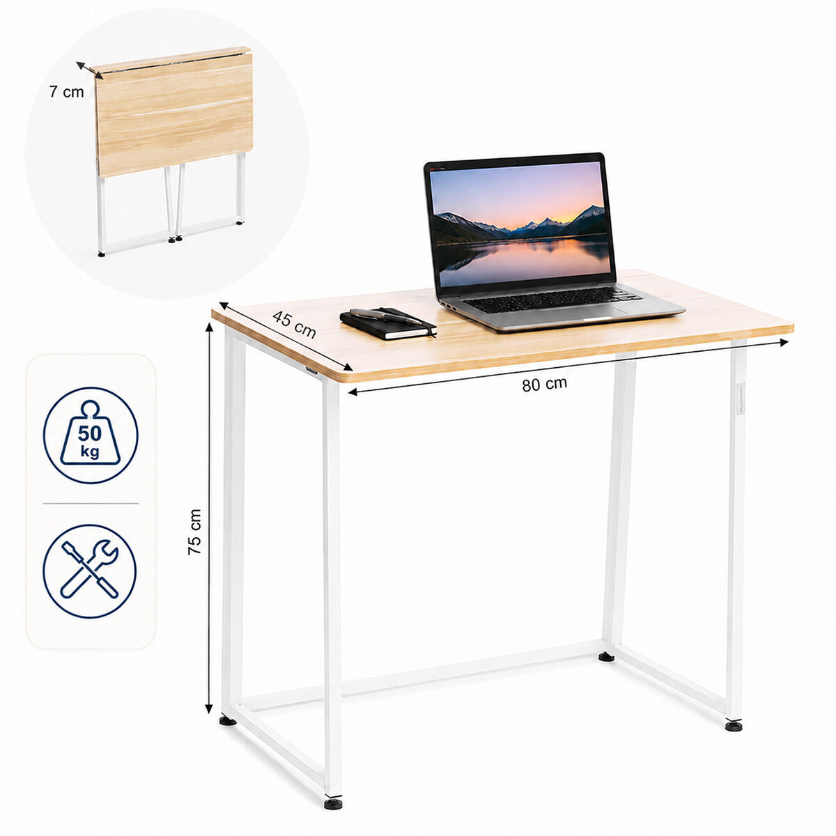 Product dimensions are highlighted with the desk unfolded and a laptop on top. Icons indicate weight capacity and assembly details.