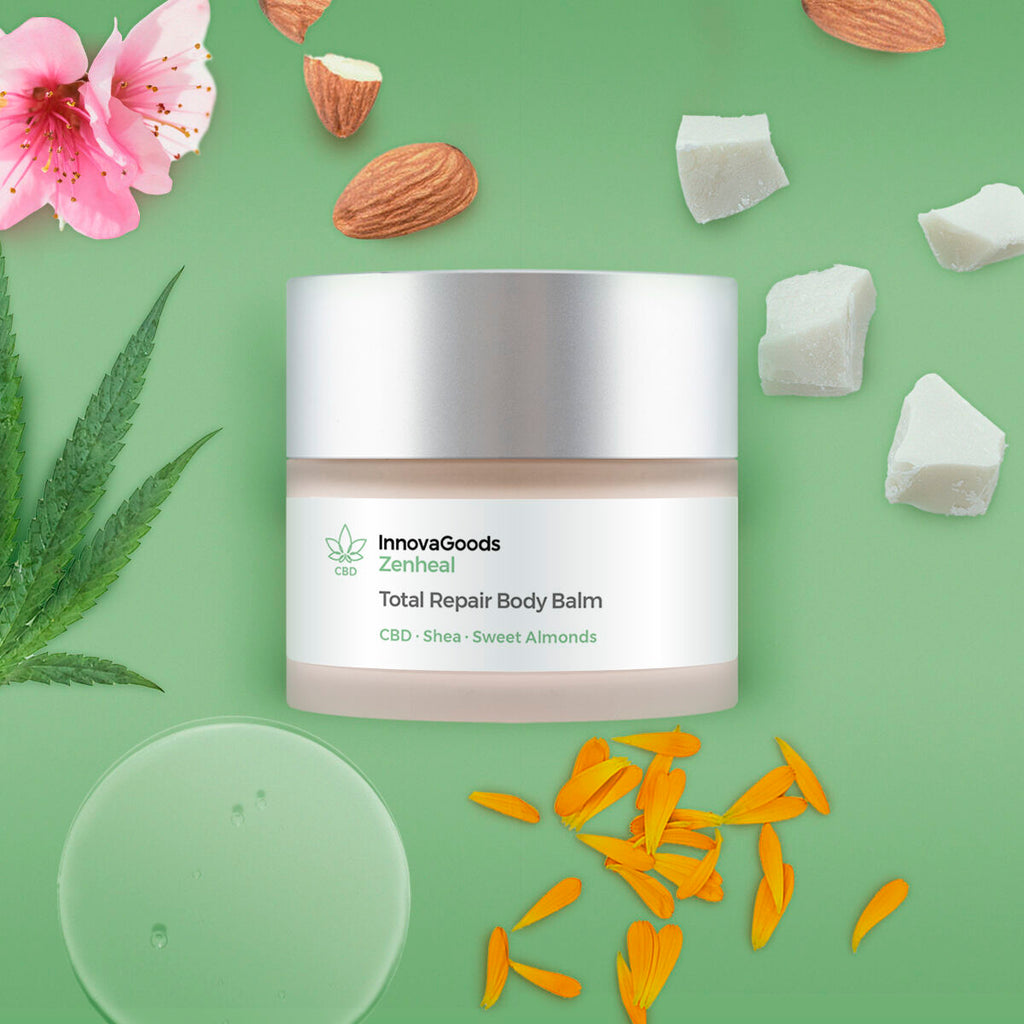 The balm jar is set against a light green background, surrounded by its main ingredients: almonds, shea butter pieces, pink blossoms, and a cannabis leaf, emphasizing its natural composition and main key ingredients.