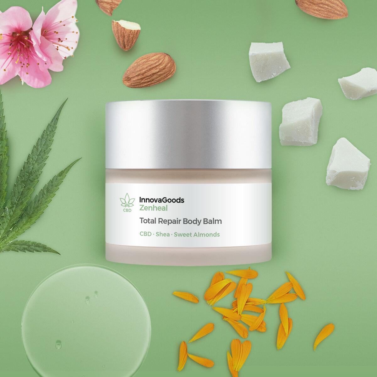 The balm jar is set against a light green background, surrounded by its main ingredients: almonds, shea butter pieces, pink blossoms, and a cannabis leaf, emphasizing its natural composition and main key ingredients.