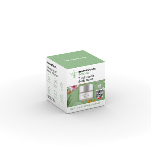 The packaging box is predominantly white with green accents and features the product image, brand logo, and ingredient highlights: CBD, Shea, Sweet Almonds. It also shows additional information and icons suggesting benefits like hydration and repair.