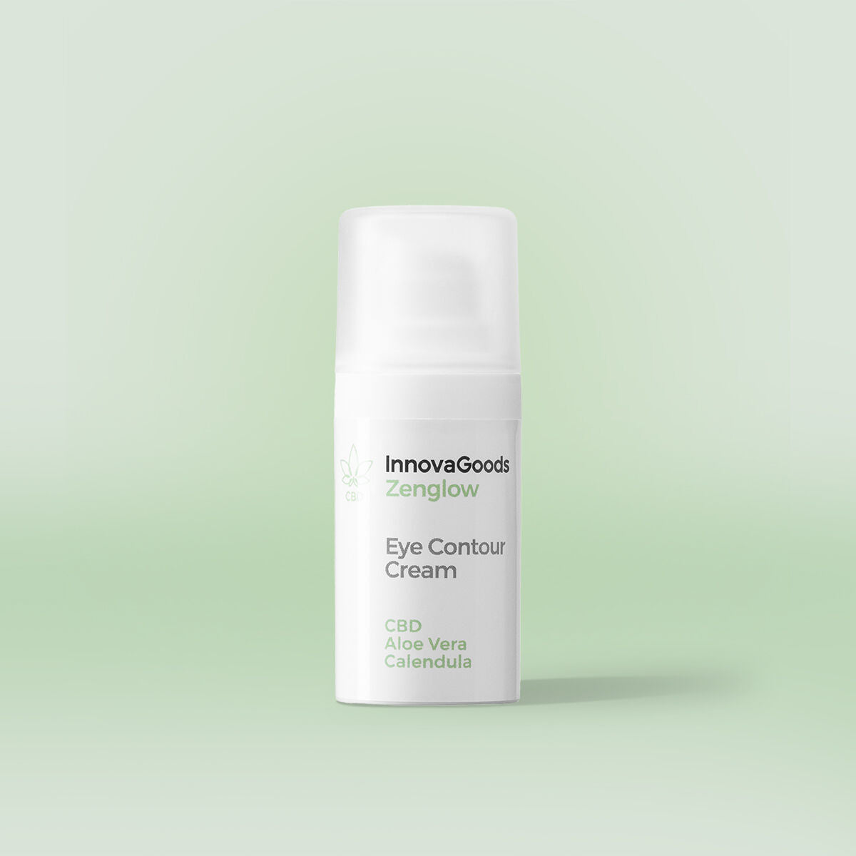 White bottle with pump dispenser against a soft green background. Label reads 'InnovaGoods Zenglow Eye Contour Cream' with mention of CBD, Aloe Vera, and Calendula.