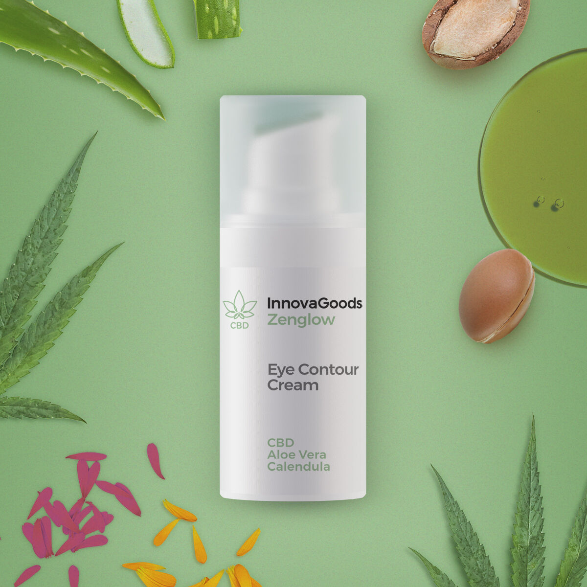 Close-up of the bottle surrounded by ingredients such as aloe leaf, seeds, and green liquid, emphasizing natural composition.