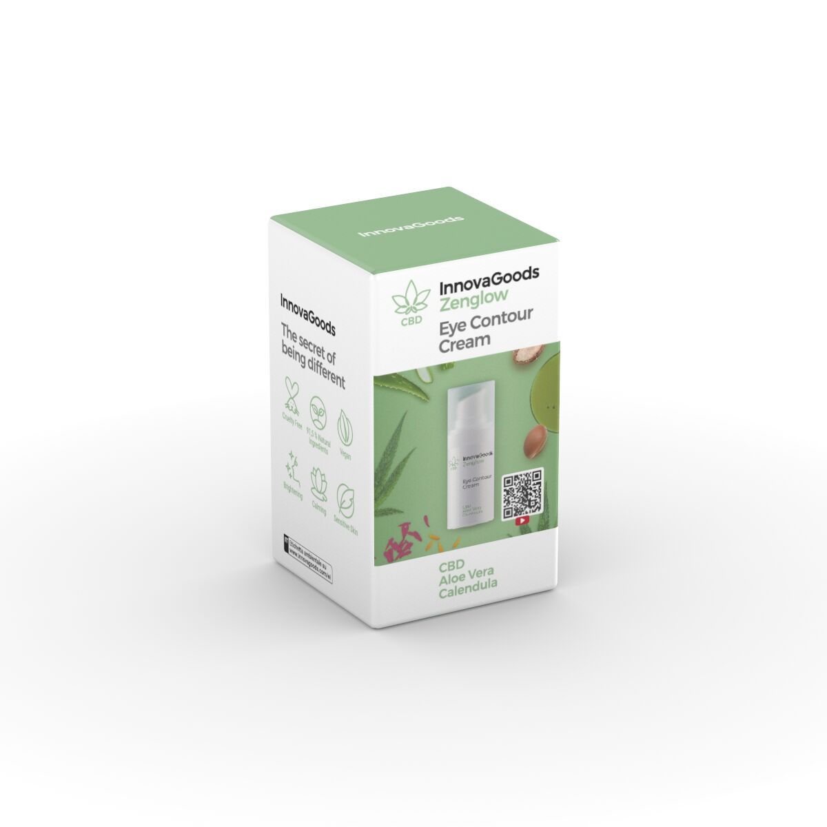 Box packaging of the product with green and white colors. Includes product name, CBD leaf icon, QR code, and visuals of natural ingredients.