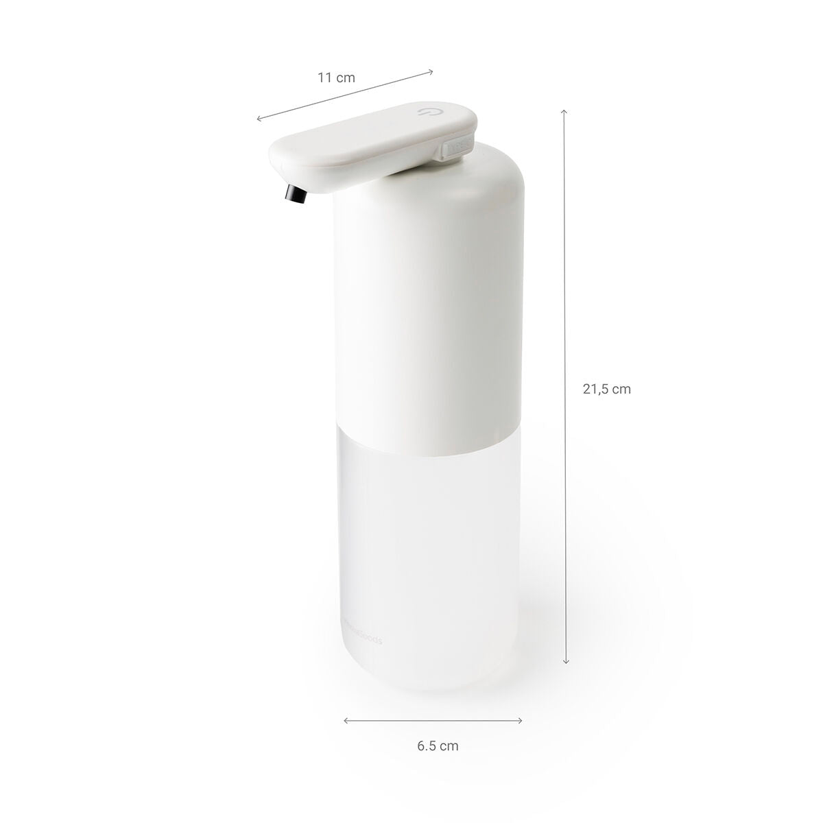 The dispenser with dimensions annotated, showing its white and clear color scheme.