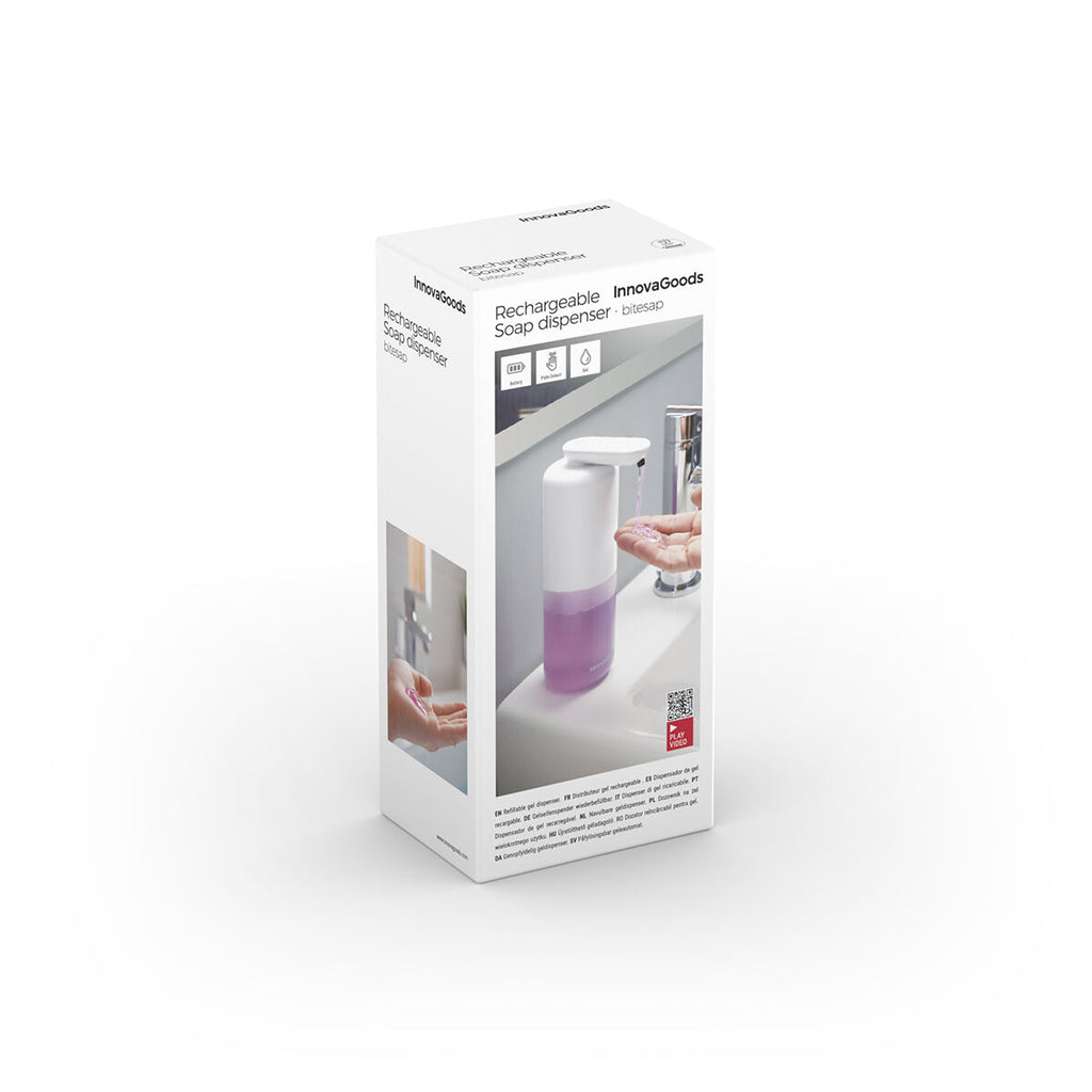 The dispenser's box displaying its name 'Rechargeable Soap Dispenser Bitesap InnovaGoods'. The package features images of the dispenser in use and product icons, on a white background.