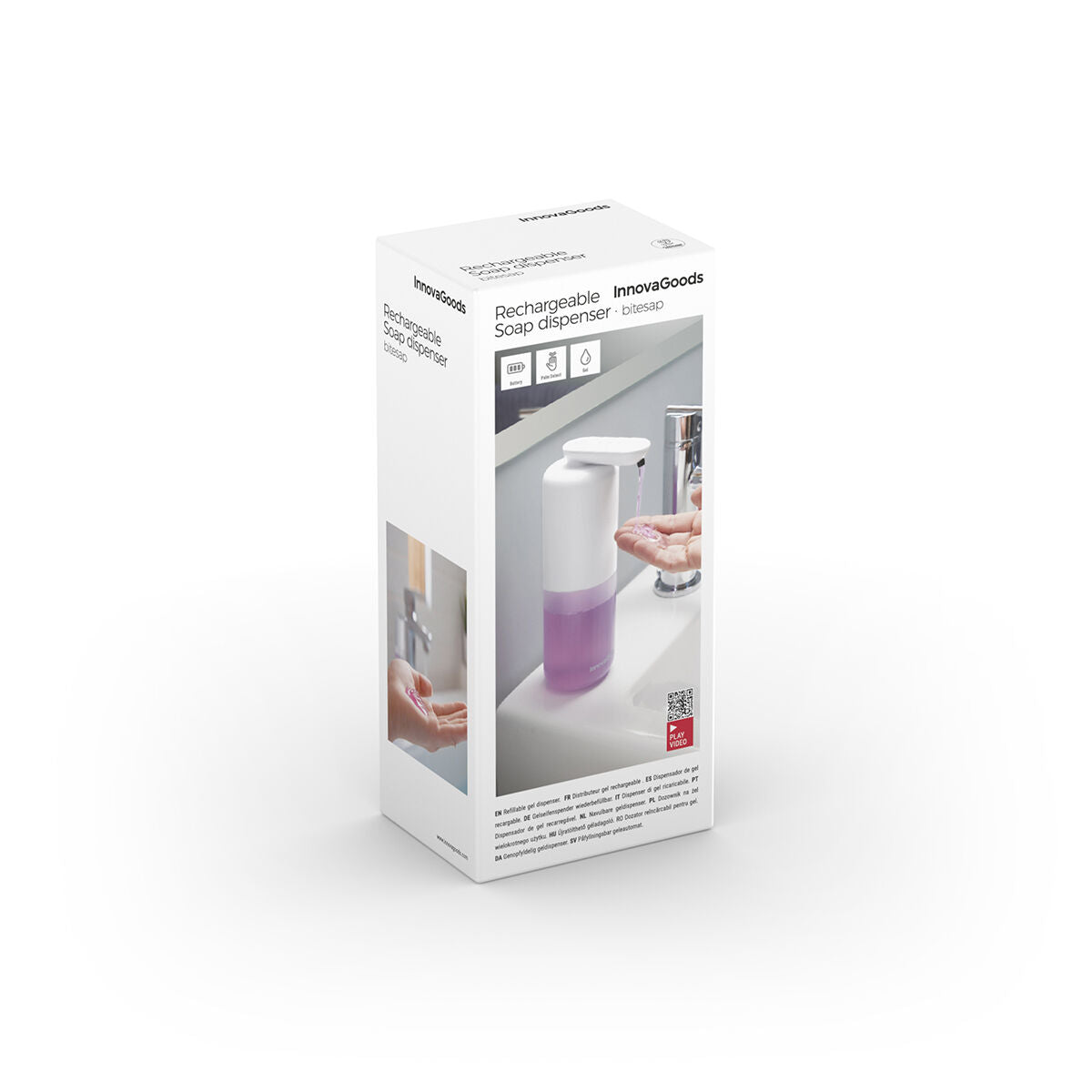 The dispenser's box displaying its name 'Rechargeable Soap Dispenser Bitesap InnovaGoods'. The package features images of the dispenser in use and product icons, on a white background.