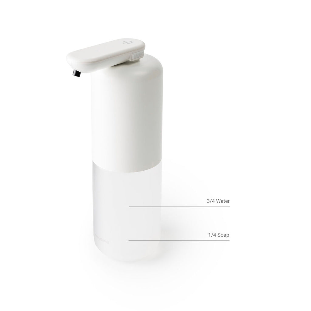 A close-up view of the dispenser, showing the measurement for filling: 3/4 water and 1/4 soap.