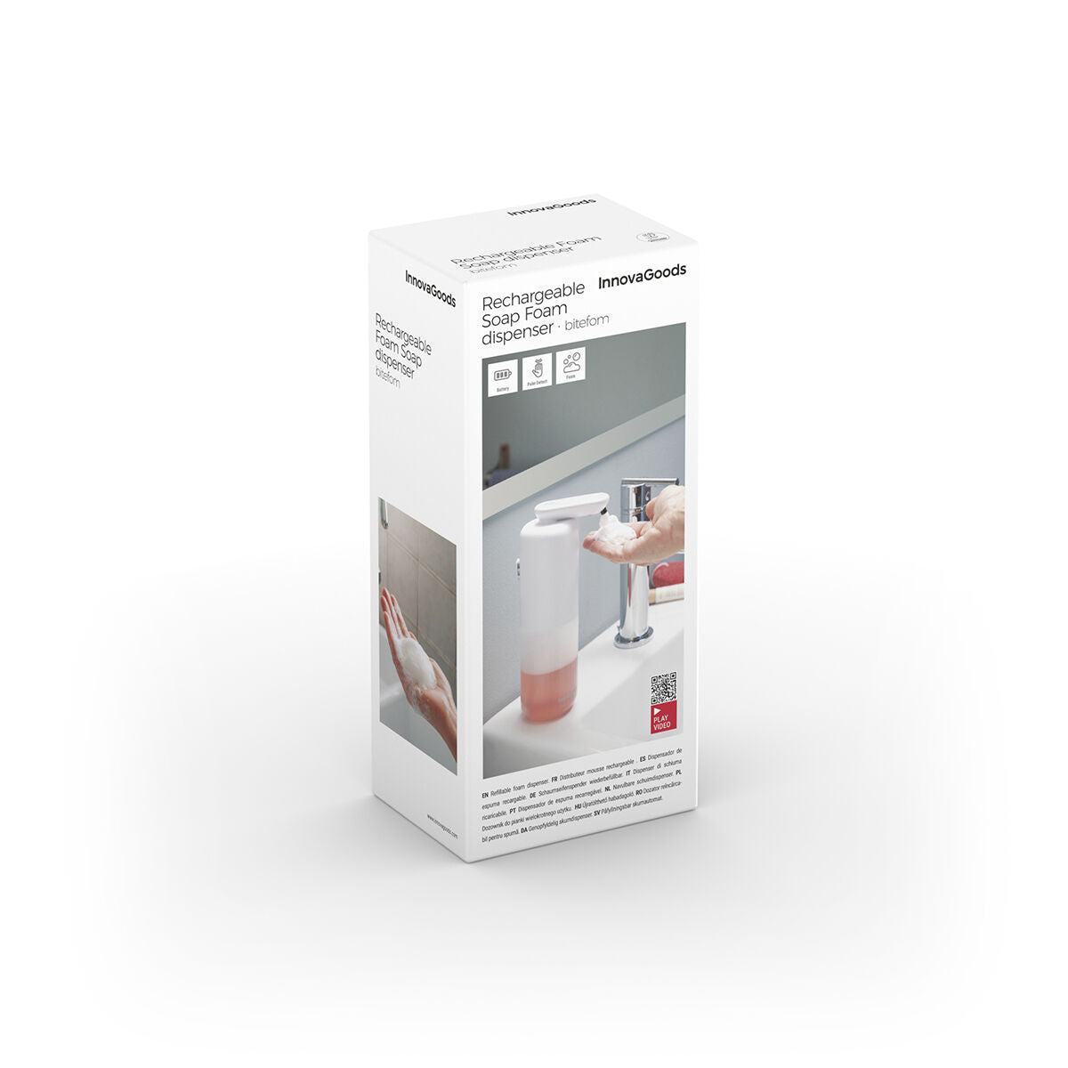 The product packaging box for the Rechargeable Automatic Foaming Soap Dispenser Bitefom InnovaGoods displays the product image and branding. The box has a white background with product information and visuals on it.