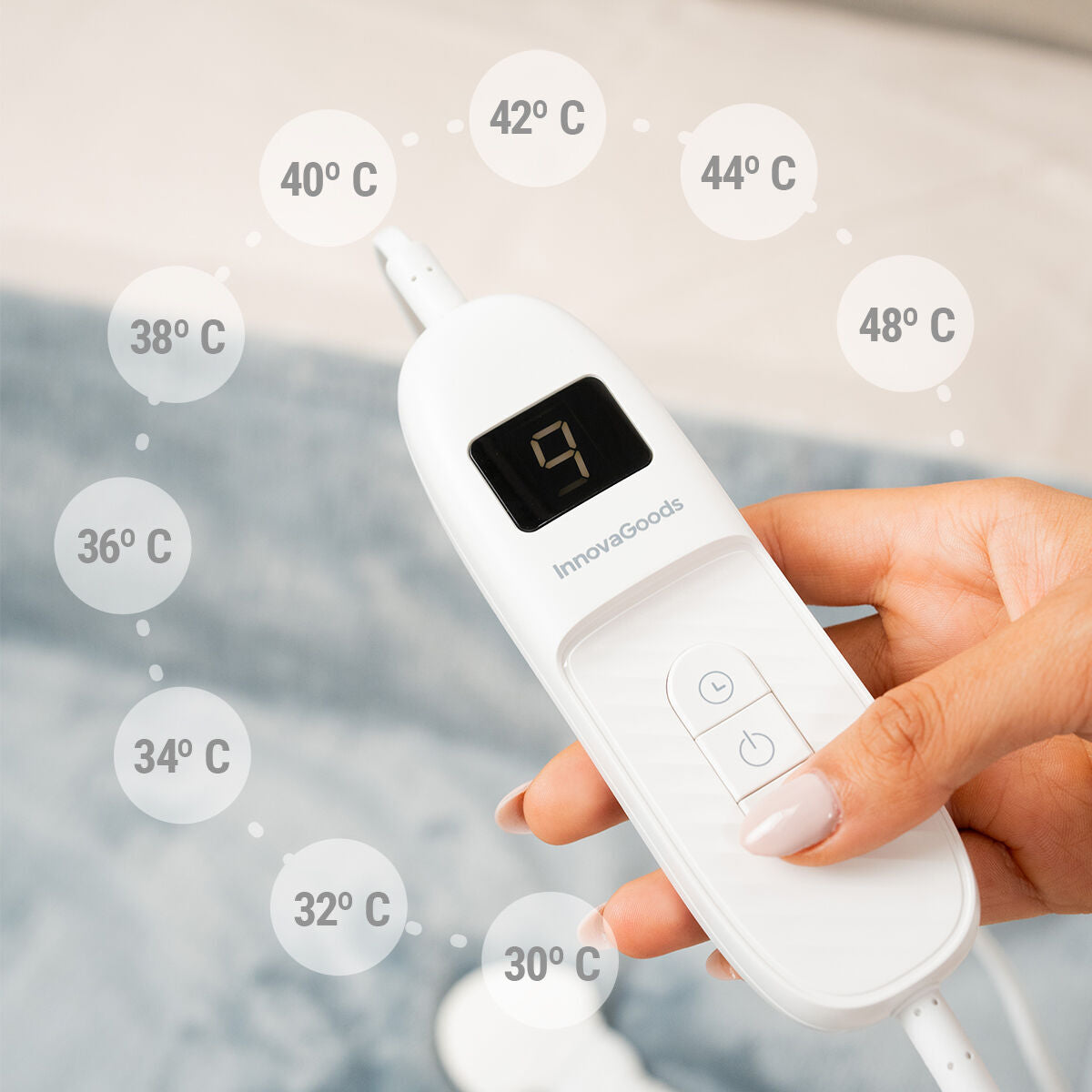 Close-up of the electric blanket's controller showing temperature settings.
