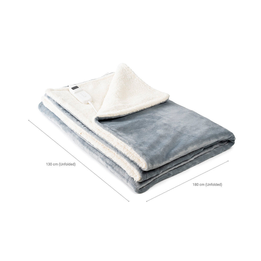 Folded electric blanket with dimensions 130 x 180 cm indicated, and a visible controller.