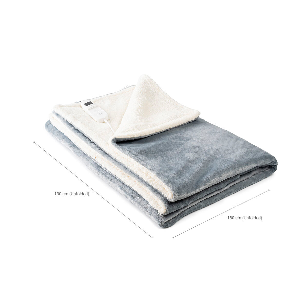 Folded electric blanket with dimensions 130 x 180 cm indicated, and a visible controller.