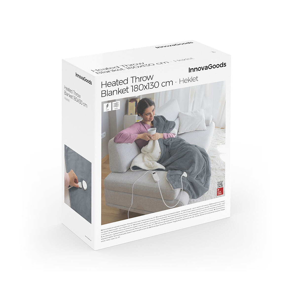 Box packaging of the InnovaGoods Heated Throw Blanket, showing product information and an image of usage.