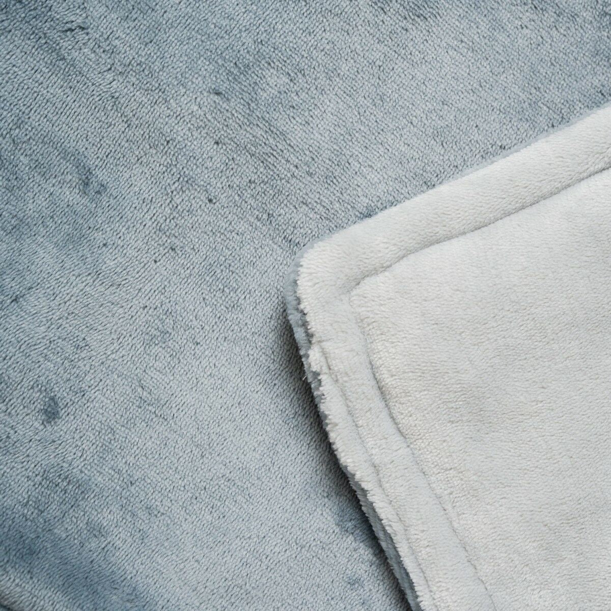 Close-up detailing the grey fleece texture of the blanket.