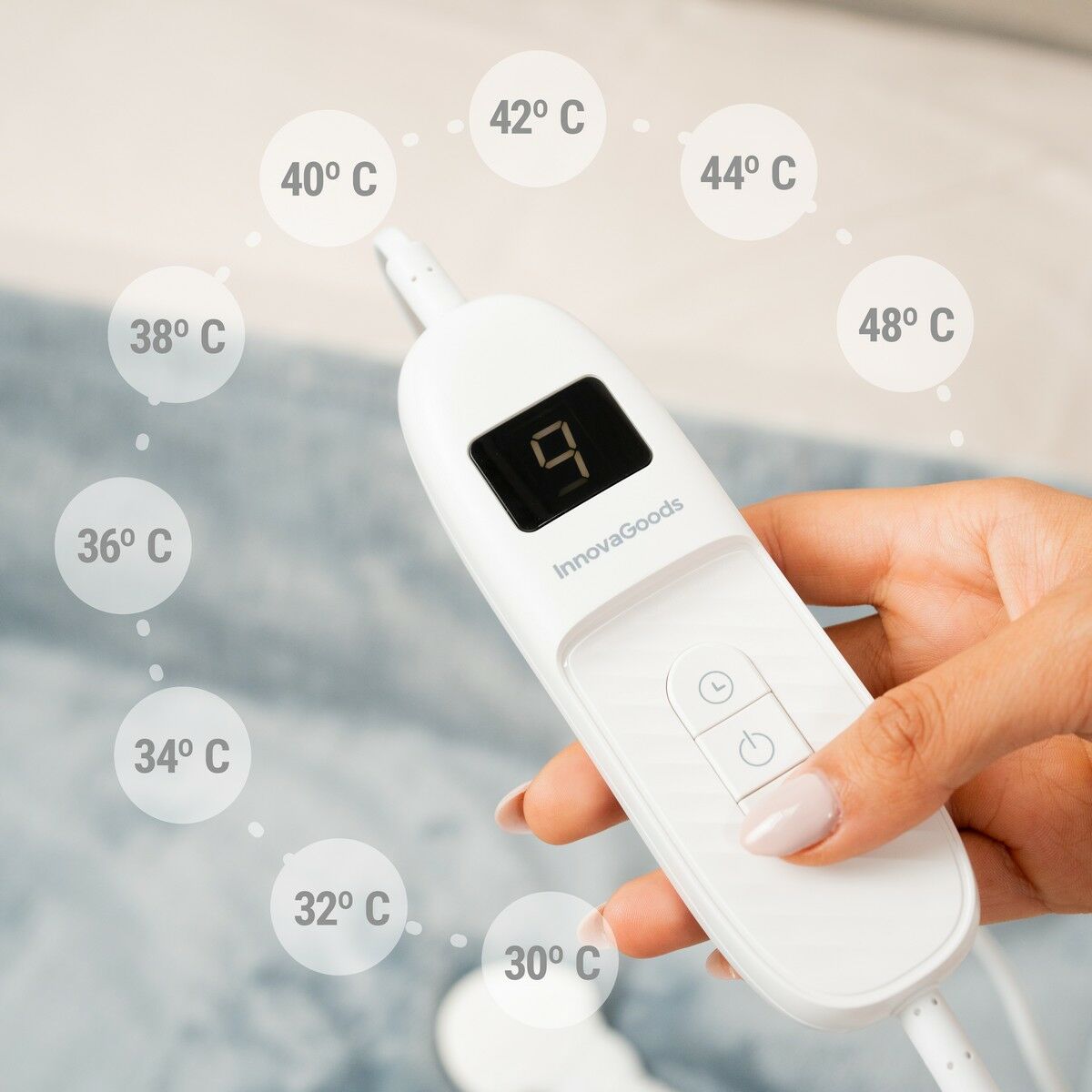 Close-up of the control unit with temperature settings displayed.