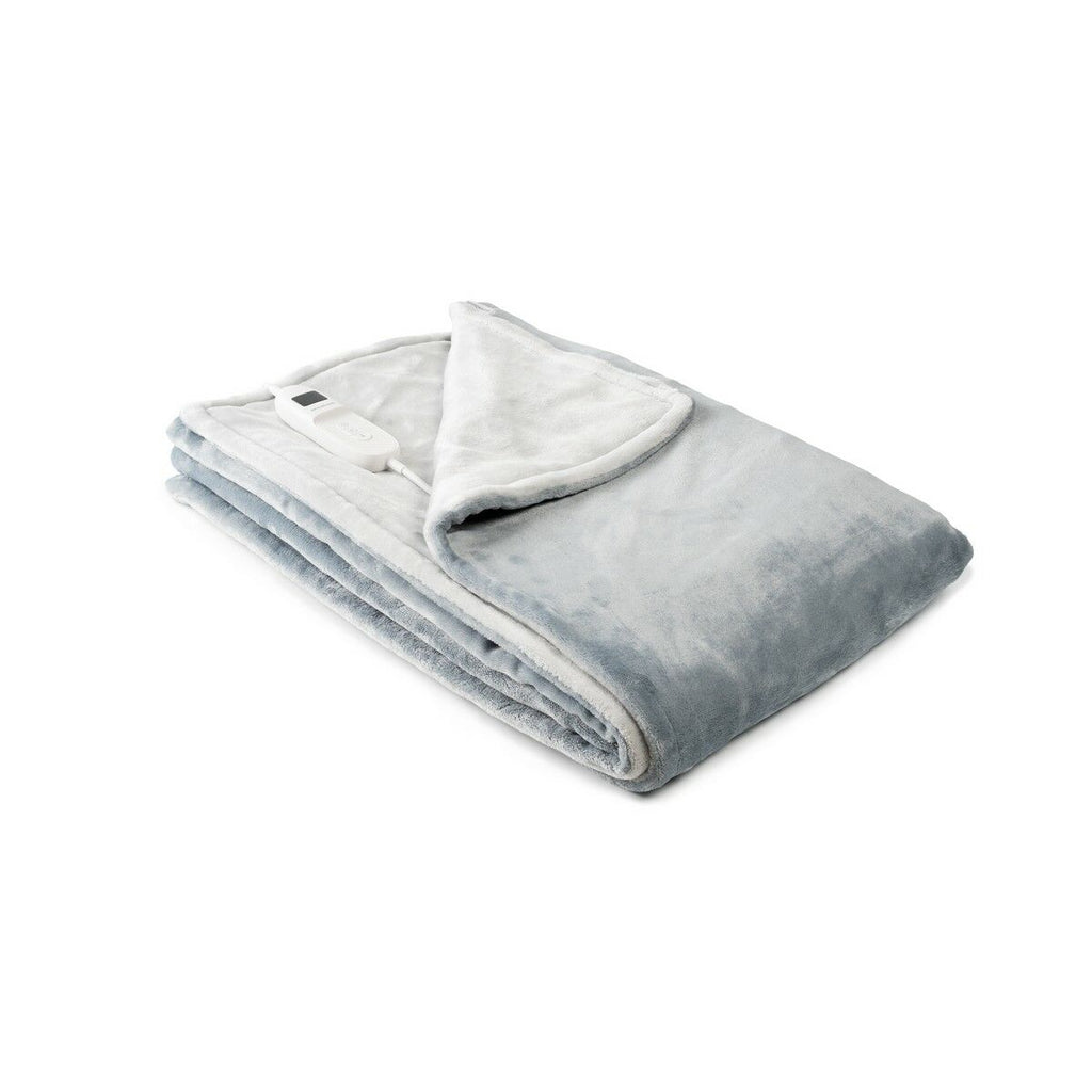 Folded grey electric blanket on a white background.
