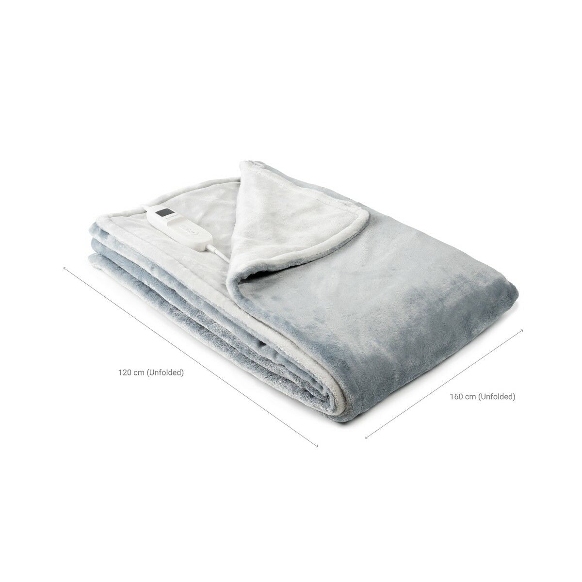 Folded grey blanket with a control unit, featuring dimension indicators.