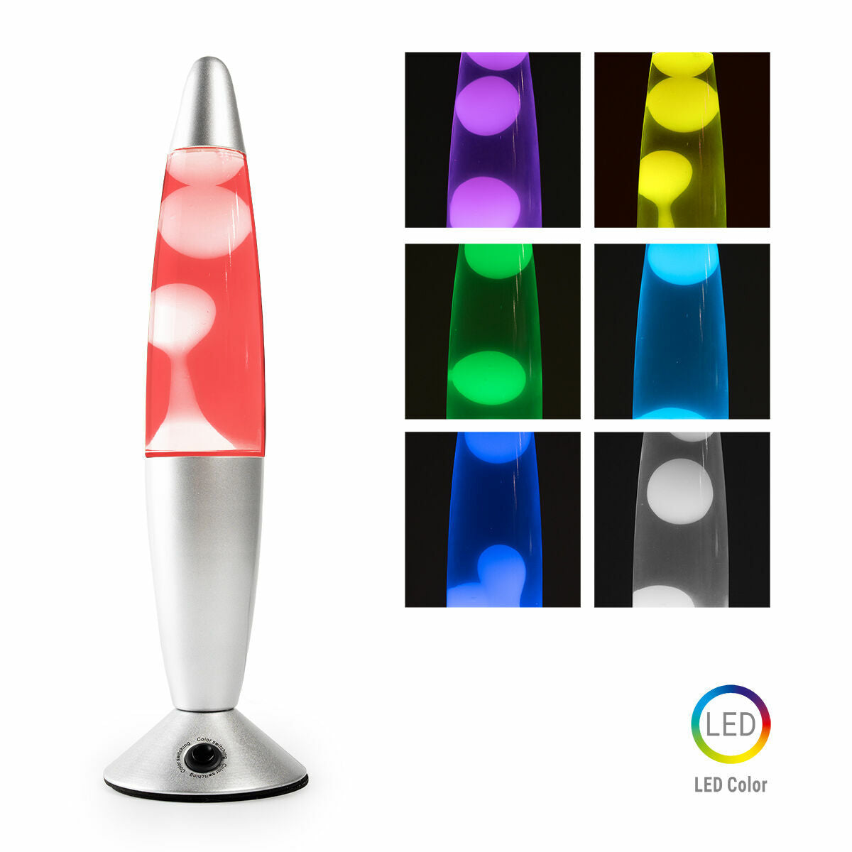 The lamp with multiple LED colors (purple, yellow, green, blue, white) shown in close-up views.