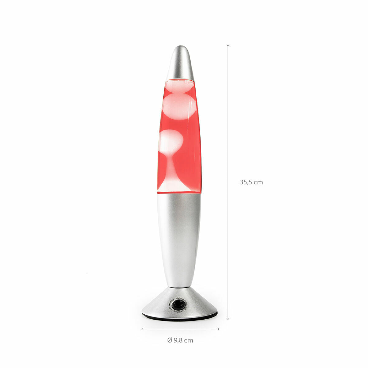 A clean product shot of the lamp with dimensions indicated, displaying a red LED light.