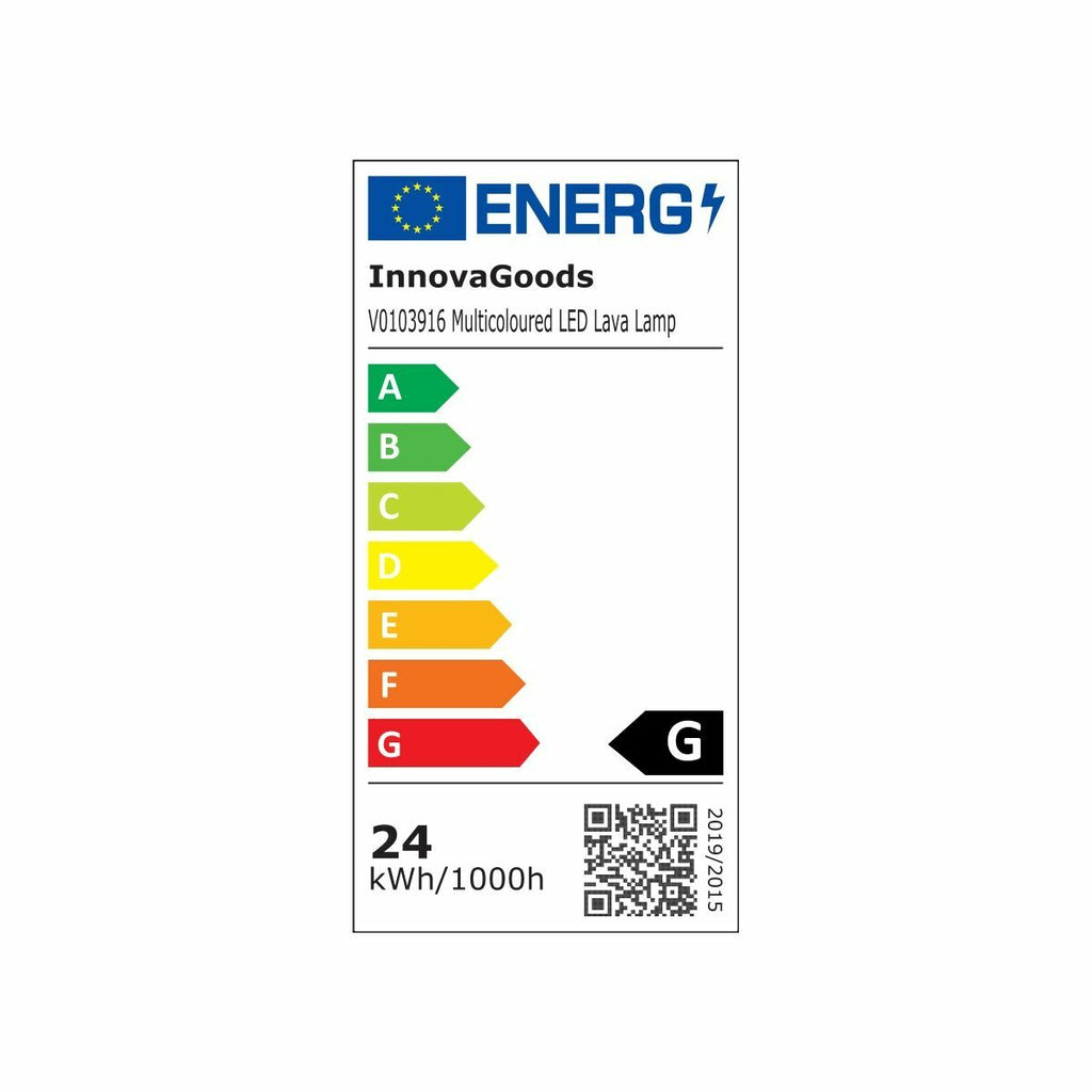 Energy label indicating a G rating and 24 kWh/1000h for the InnovaGoods Multicoloured LED Lava Lamp.