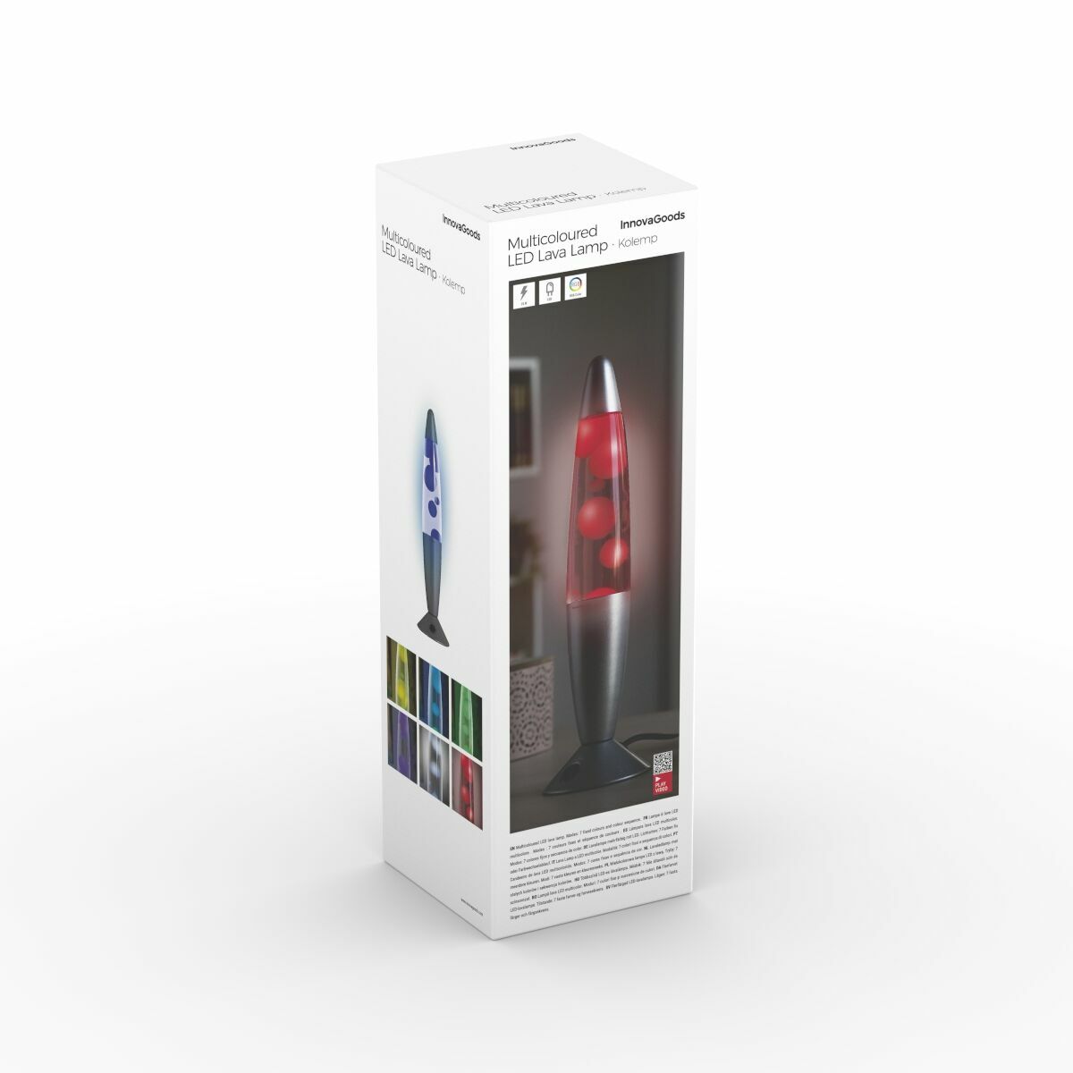 Packaging of the lamp shows the Multicoloured LED Lava Lamp Kolemp by InnovaGoods with various color options displayed on the box.
