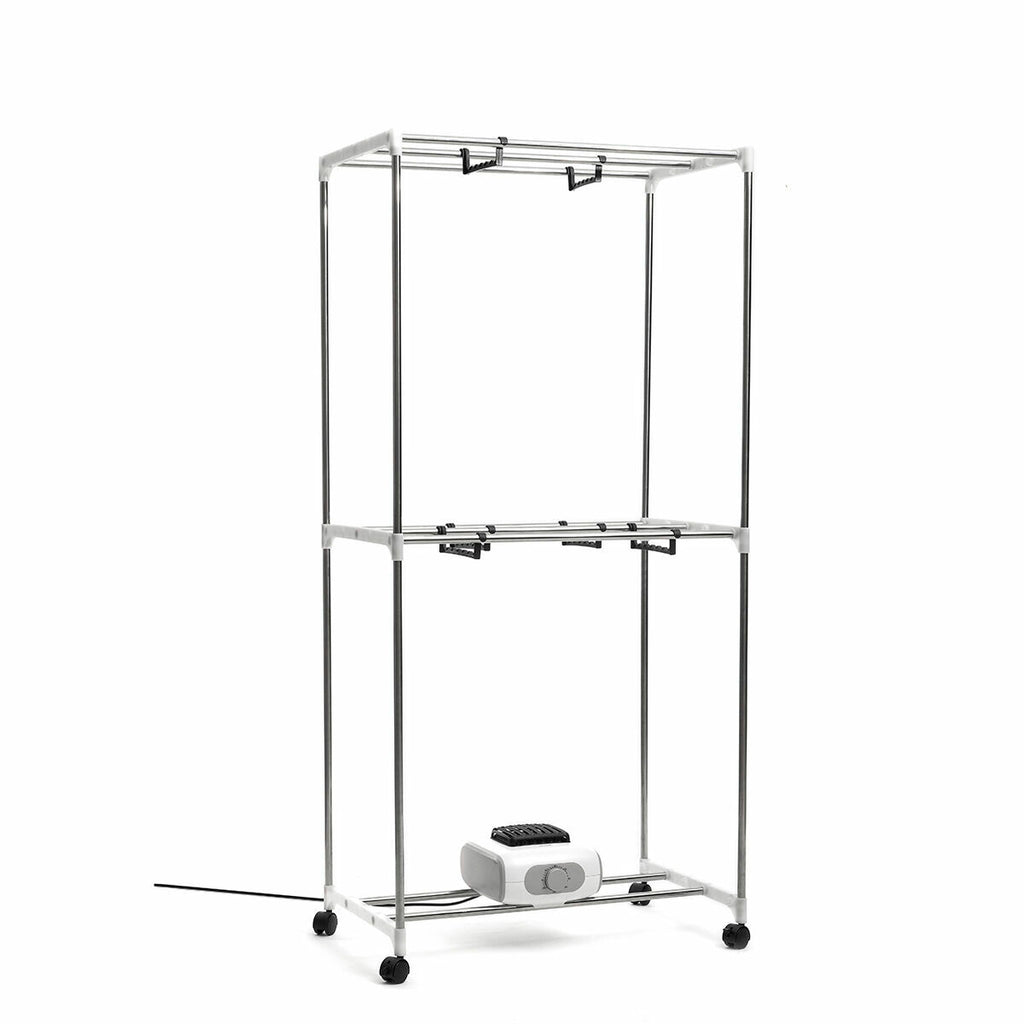 A skeletal view of the metal frame of the dryer without the fabric cover, showcasing the rods for hanging clothes and the electric heater at the base with a power cord.