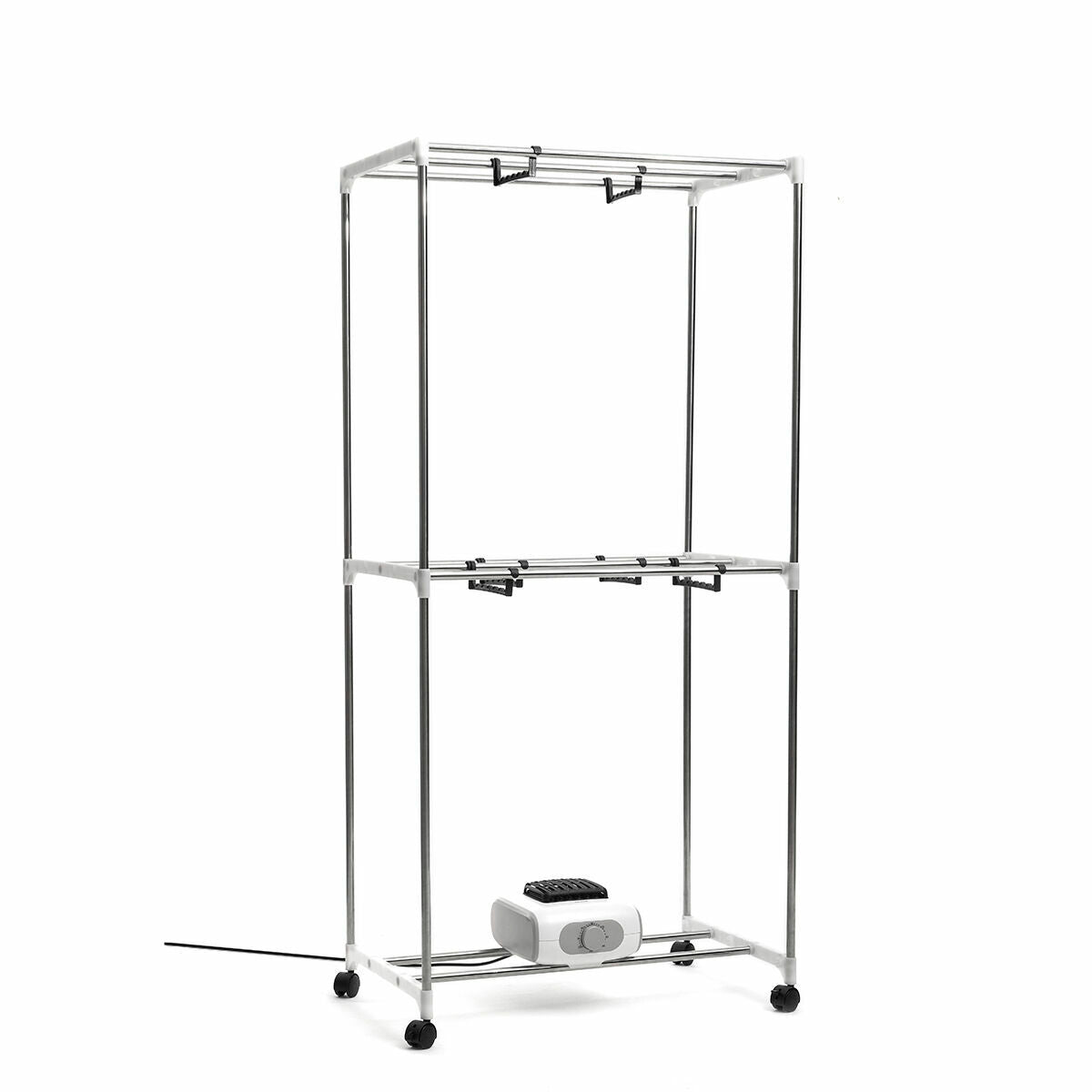 A skeletal view of the metal frame of the dryer without the fabric cover, showcasing the rods for hanging clothes and the electric heater at the base with a power cord.