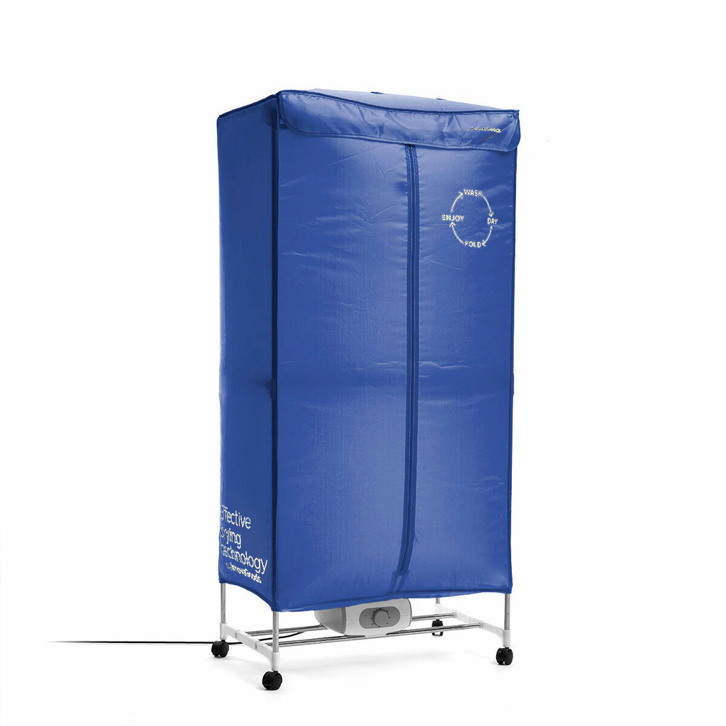 The dryer is fully assembled with a closed blue cover. The text on the cover reads 'Effective drying technology'. The device is set against a white background, showing a clean and complete product ready for use.
