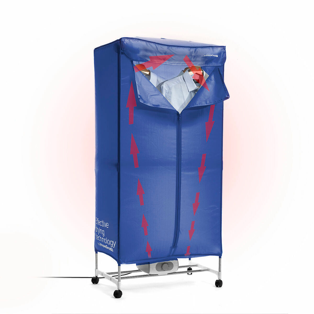 The blue fabric cover encloses the dryer with airflow directions marked by red arrows, illustrating how air circulates through clothes for efficient drying. A shirt is visible through a partially open flap at the top.