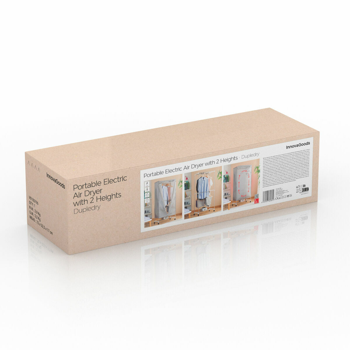 A cardboard box labeled 'Portable Electric Air Dryer with 2 Heights - Dupledry' is shown against a white background. It includes images of the assembled product and specifications, with InnovaGoods branding visible.