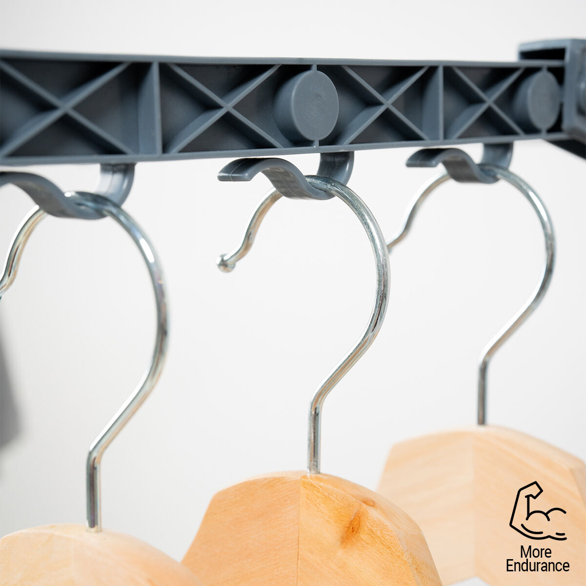 A close-up image of the hook mechanism for hangers on the clothes dryer, emphasizing durability and ease of use.
