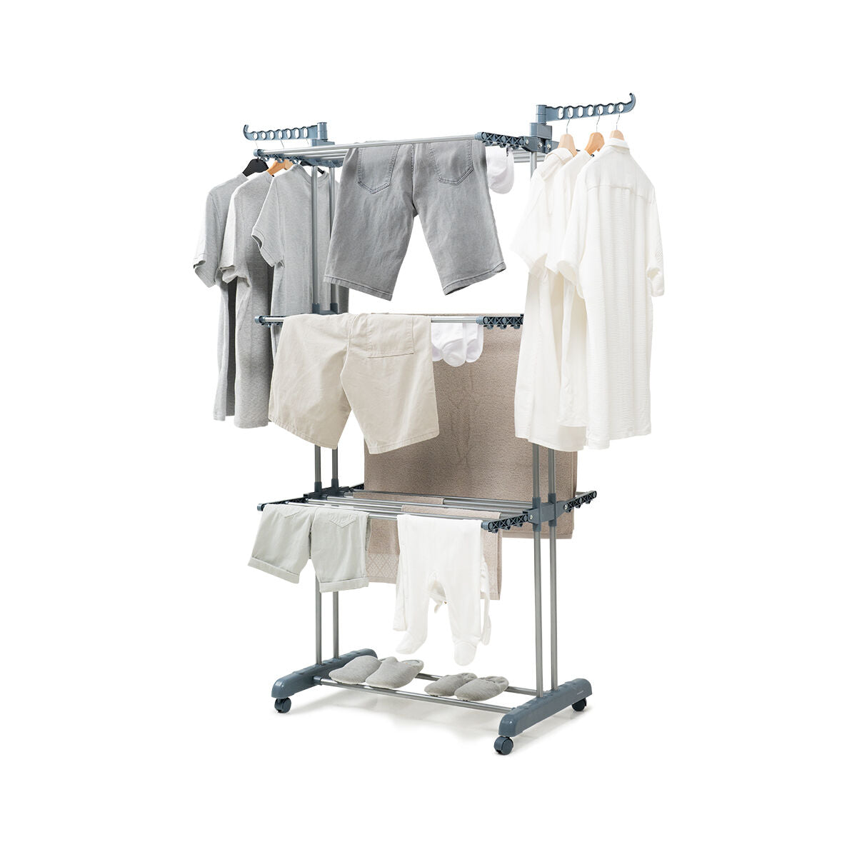 A clean product shot of the clothes dryer in use, displaying various clothes hung neatly on the multiple bars, set against a white background.