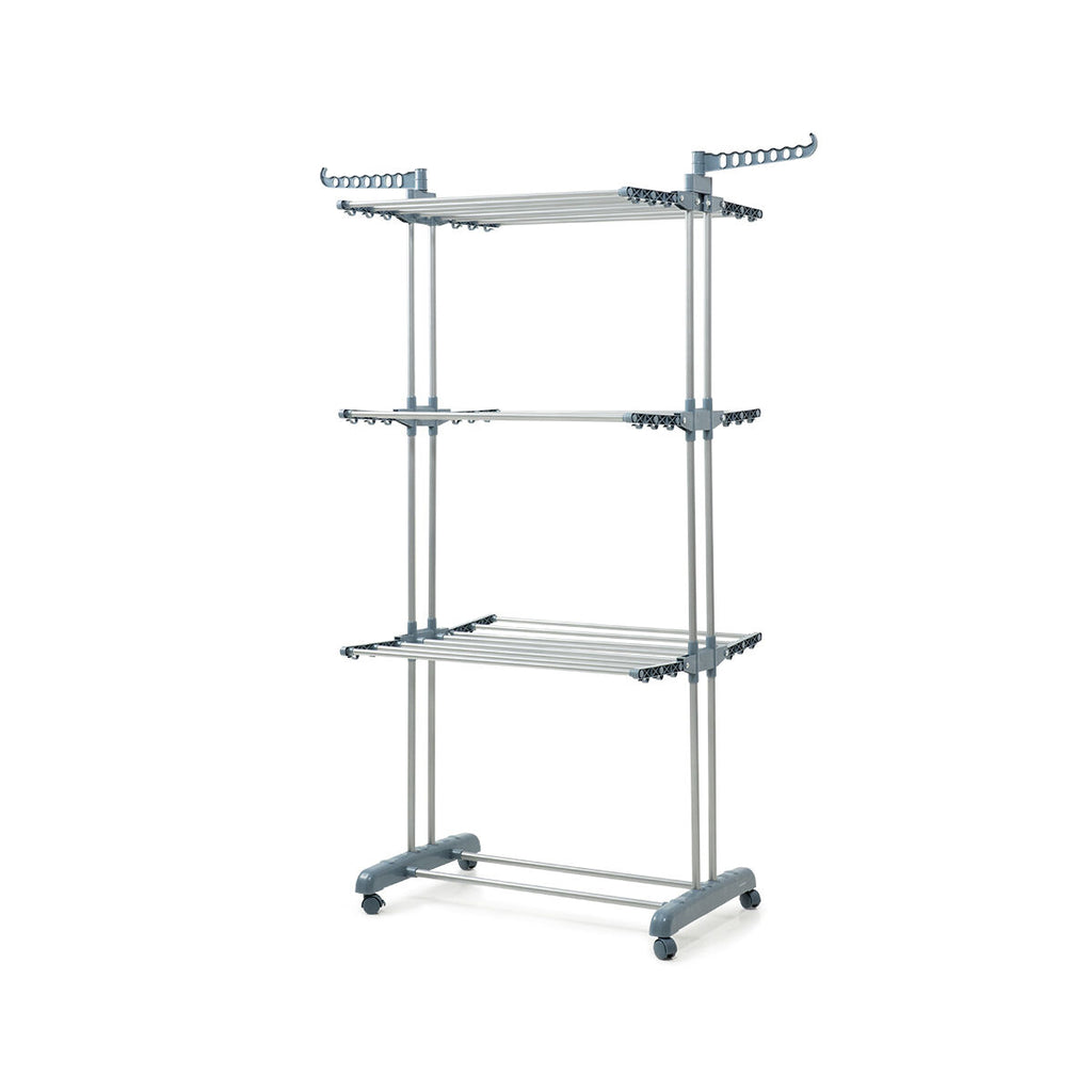 A clean product shot of the empty clothes dryer on a white background, highlighting its vertical structure, multiple bars, and wheels.
