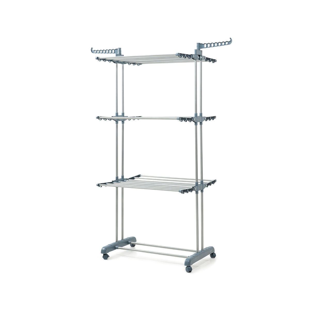 A clean product shot of the empty clothes dryer on a white background, highlighting its vertical structure, multiple bars, and wheels.