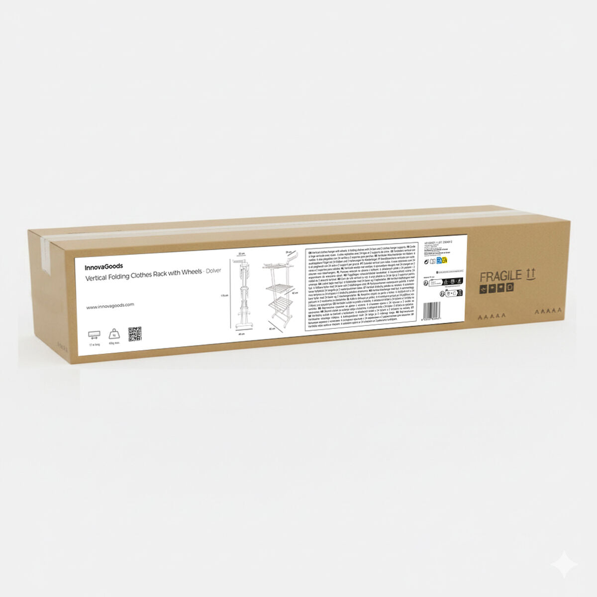 Packaging image showing the product in its box, labeled 'InnovaGoods Vertical Folding Clothes Rack with Wheels - Dolver', with diagrams and dimensions on a white background.
