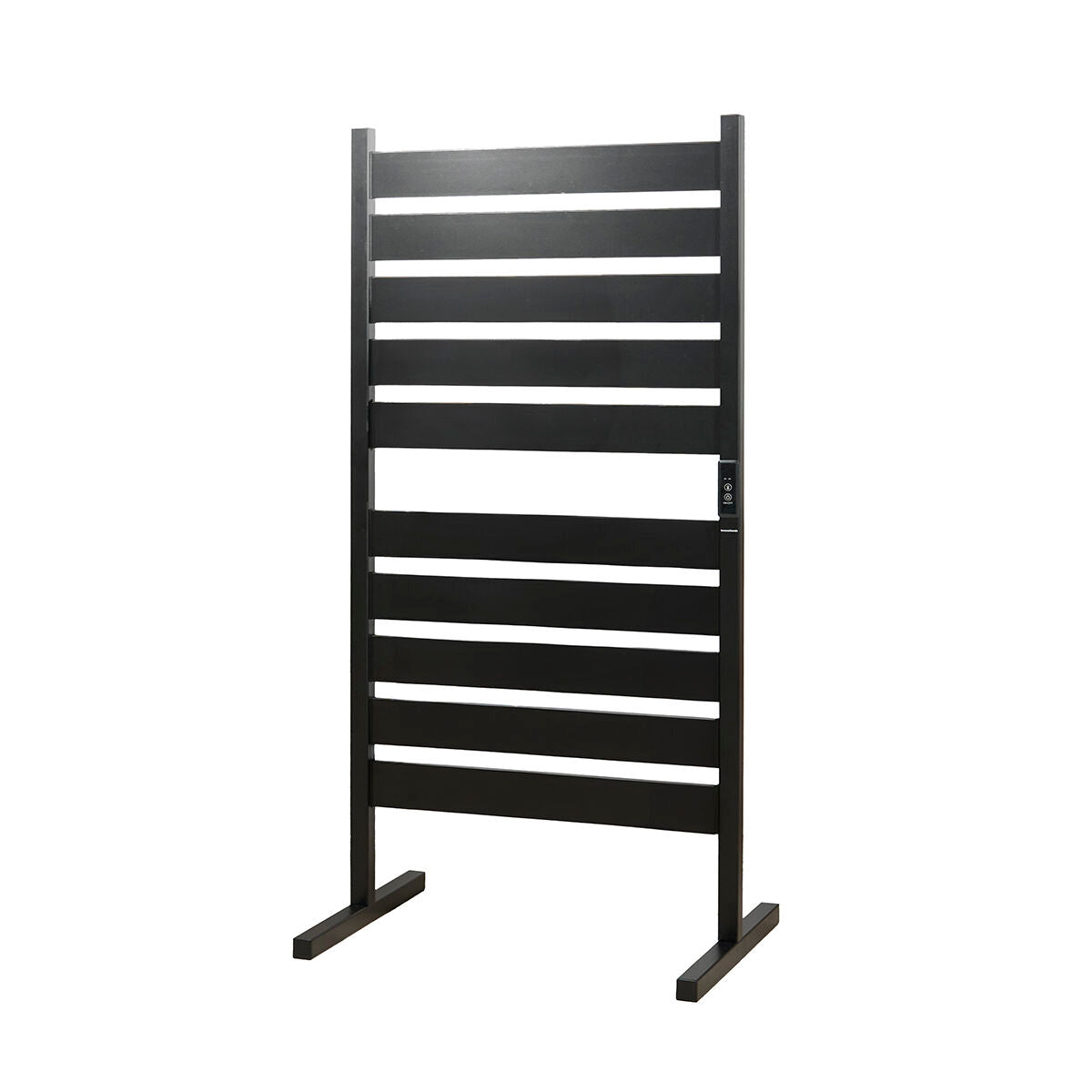 A standalone view of the towel rail positioned for wall or floor use, highlighting its black metal construction and design.