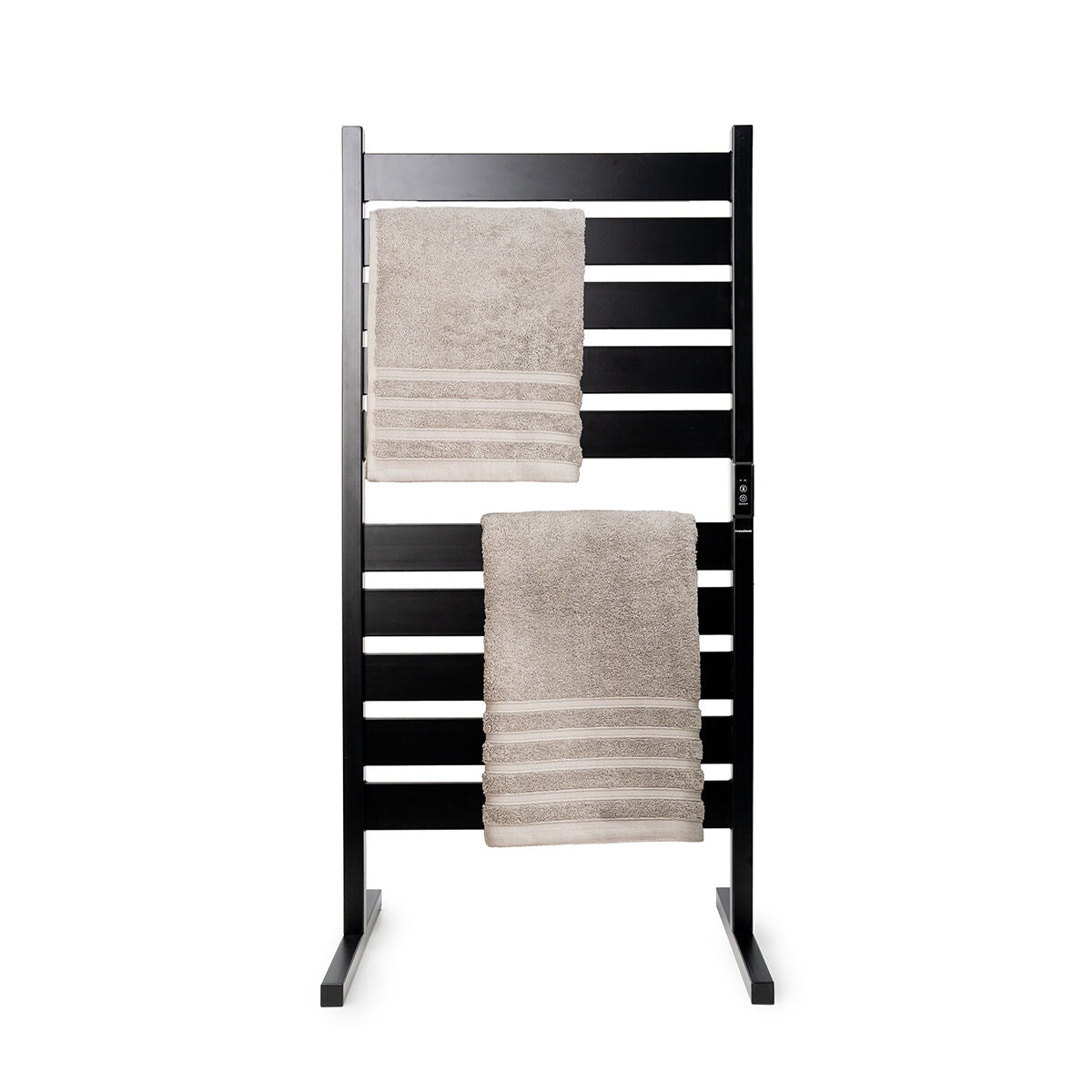 The towel rail displayed with towels hanging, highlighting its practical use and sleek design.